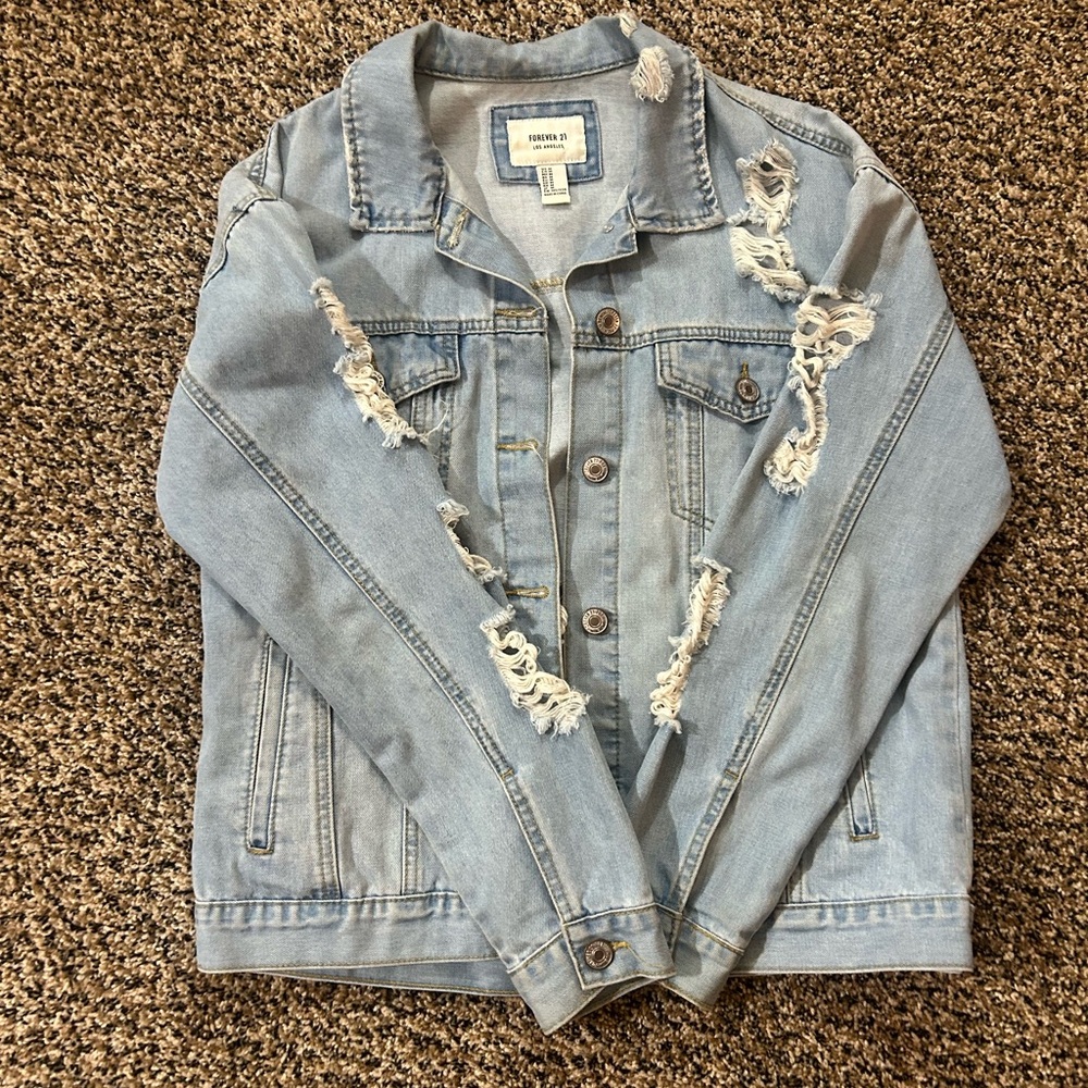 Fashion Nova Blue Oversized Jean Jacket with Distressing